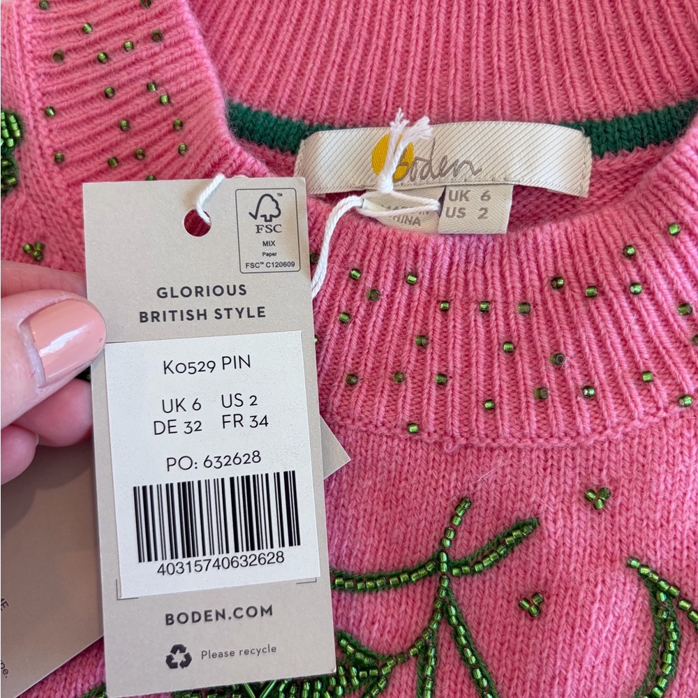 Boden NWT Rare Pink Sweater with Green Beading $154 orig. - Picture 4 of 5